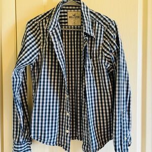 Hollister navy and white plaid button up.